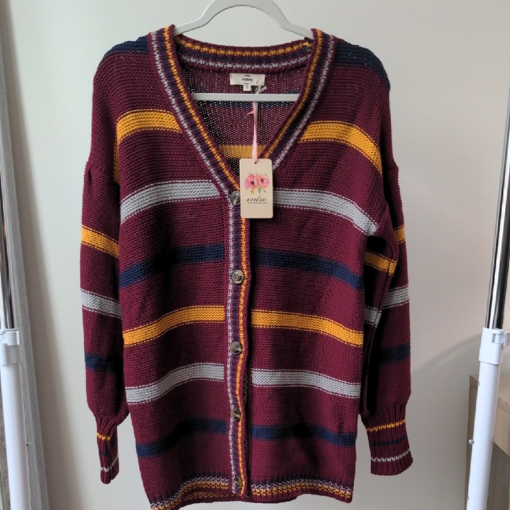 Entro Maroon Navy and Yellow Cardigan Sweater